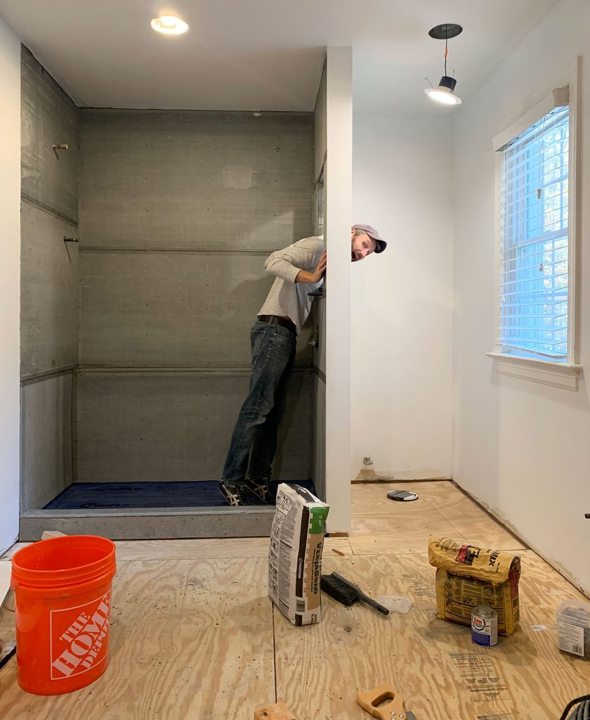 John Standing In Shower Mid Bathroom Renovation