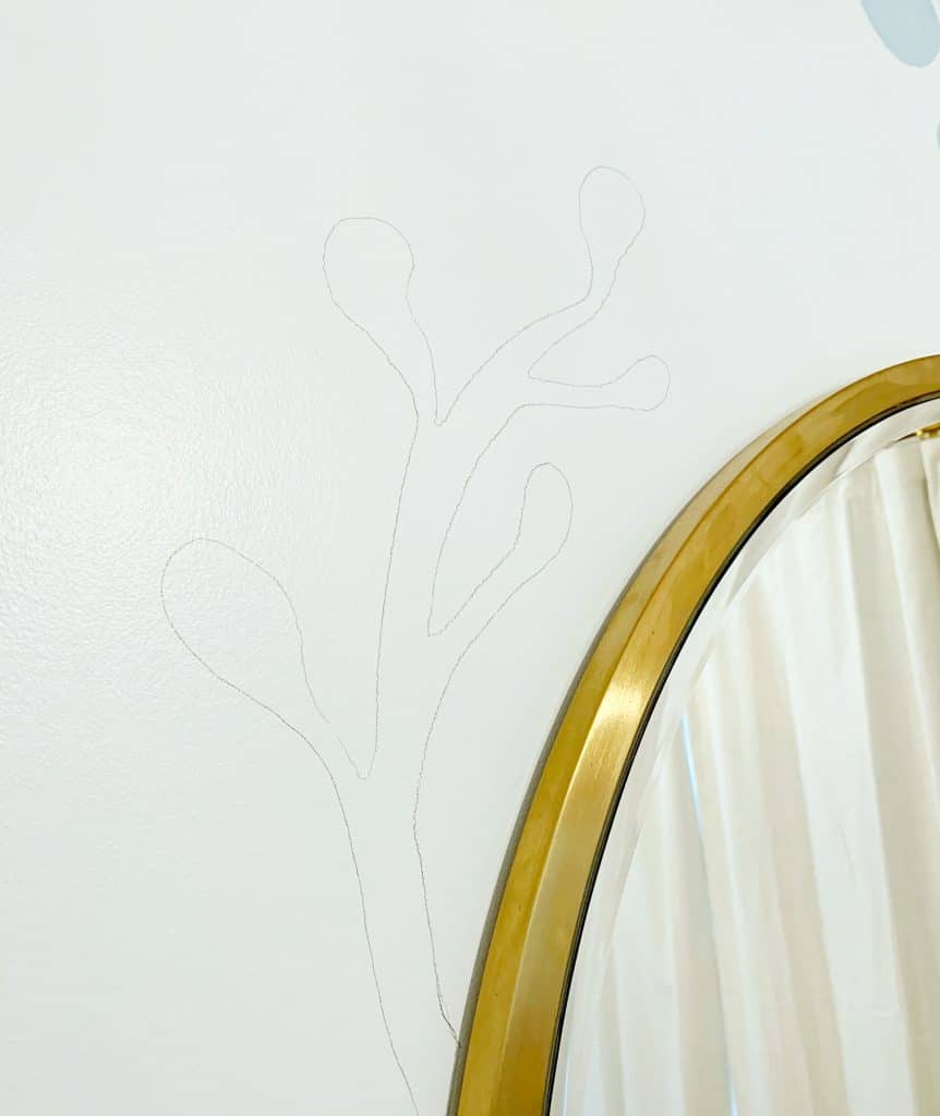 Coral shape drawn in pencil over wall mural stripe