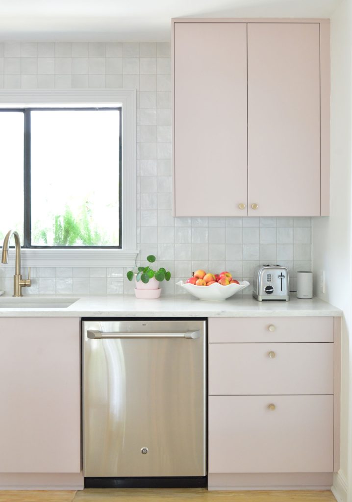 Upper Cabinet In Painted Ikea Kitchen With Gray Backsplash