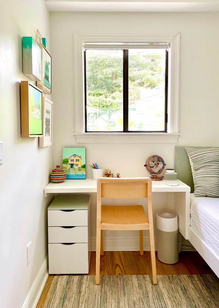 Boys Bedroom With Floating Wall Desk With File Storage Bookcase Underneath Next To Wood Chair