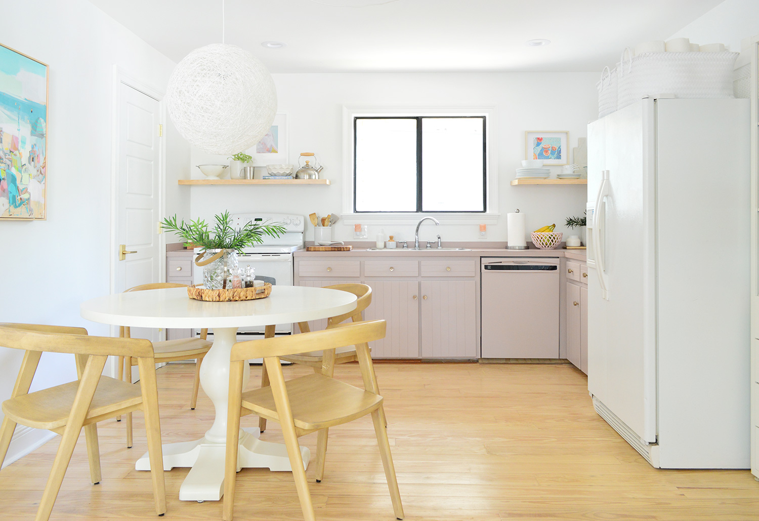 Old Photo Of Kitchen Right Before Renovation With Pedestal Table Mauve Cabinets Freestanding White Fridge